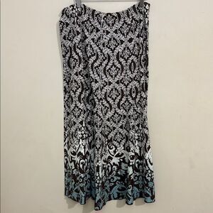 Y2K Brown White & Green Damask Print Linen A-line Maxi Skirt size 12 Old Money